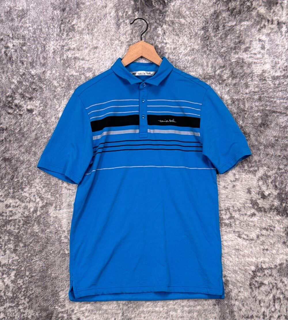 Travis Mathew Polo Shirt Small Mens Blue Striped Short Sleeve Golf